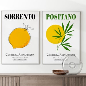 Ensemble de 2 Positano Côte Amalfitaine Italie Soleil Jaune Et Feuilles Vertes Et Péninsule de Sorrente, Naples Citron Silhouette Wall Decor Imprimer Affiches