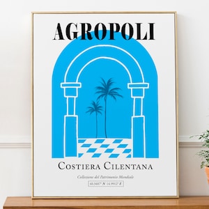 Agropoli, Cilentan Coast (Cliento), Italy Aesthetic Antique Columns With Palm Tree Wall Art Decor Print Poster