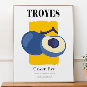 Troyes Grand Est France Blue Plum on Yellow Background, Minimalistic Abstract Aesthetic Wall Art Print Poster, Birthday Gift