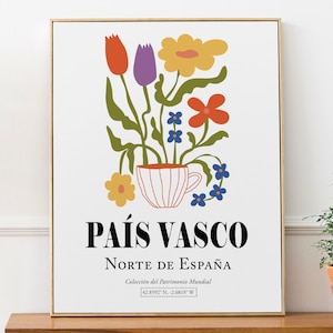 País Vasco (Euskadi) Norte de España, ramo de flores de colores en el jarrón, cartel de impresión de arte de pared estética, decoración de cocina