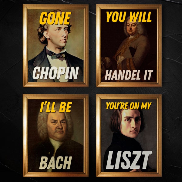 SET de 4 Compositeurs Haendel, Bach, Liszt, Chopin Portraits Drôles De Décor Mural Imprimer Affiches | Musicien / Compositeur Cadeau, Music College Wall Decor