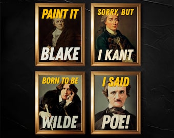 SET med 4 porträtt av författare/filosofen Wilde, Kant, Blake, Poe, roliga väggkonstposters | Litterär affisch, present till bokälskare | Biblioteksdekor