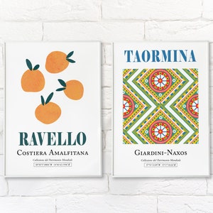 Set de 2 Ravello, Costa Amalfitana Albaricoques Y Taormina, Sicilia, Italia Tradicional Sicilian Pattern Aesthetic Wall Decor Print Posters
