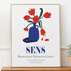 Sens Bourgogne-Franche-Comté France Tulipanes rojos en el jarrón azul, Boho Abstract Aesthetic Wall Art Print Póster