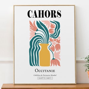 Cahors Occitanie France Flores rosadas con hojas verdes en jarrón amarillo, impresión de arte de pared estética abstracta minimalista Póster