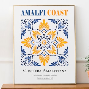 Amalfi Coast, Italy Traditional Mediterranean Blue And Yellow Tile Pattern Wall Art Decor Print Poster
