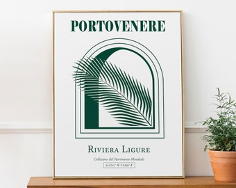 Portovenere, Ligurië, Italië Esthetisch boogvenster met palmboom tak muur decor print poster
