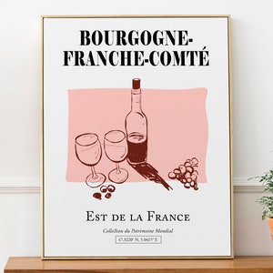 Bourgogne-Franche-Comté France Red Wine Bottle and Glasses, Minimalistic Abstract Aesthetic Wall Art Print Poster
