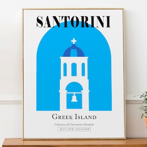 Santorini, Kykladen Insel, Ägäische Meer, Griechenland Weiße Kirche mit blauer Kuppel Ästhetische Wand Kunst Dekor Poster