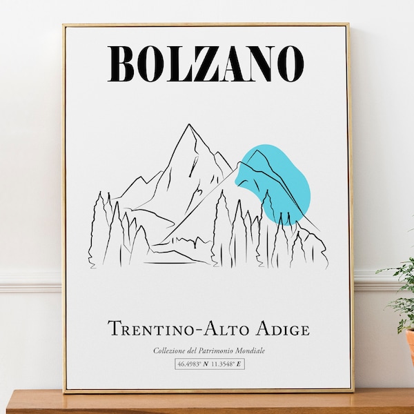 Bolzano, Italy, South Tyrol (Alto Adige) Mountain Line Art Wall Art Decor Print Poster