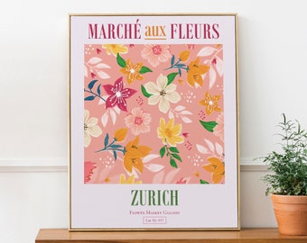 Zurich, Switzerland Flower Market Pink, Orange, Green and Red Aesthetic Wall Decor Print Poster