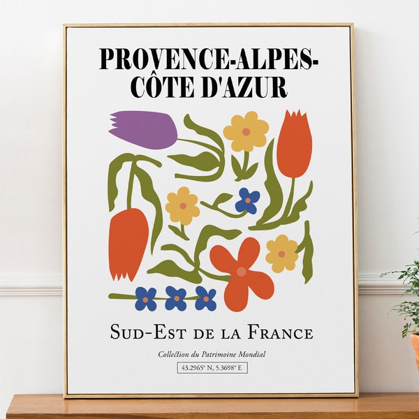 Provence-Alpes-Côte d'Azur France motif de fleurs colorées, affiche d'impression d'art mural esthétique abstrait Boho, cadeau d'anniversaire, décor de salle de bain