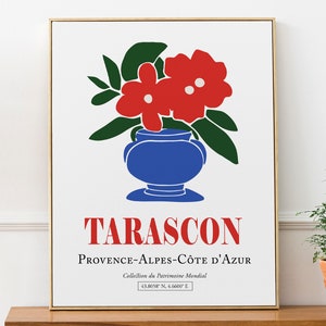 Tarascon Provence-Alpes-Côte d'Azur Francia Flores rojas en jarrón azul, impresión de arte de pared estética abstracta minimalista Póster