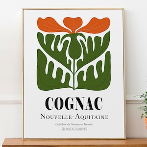 Cognac Nouvelle-Aquitaine Francia Flor roja con hojas verdes, impresión de arte de pared estética abstracta minimalista Póster