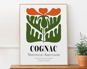 Cognac Nouvelle-Aquitaine, França - Flor Vermelha com Folhas Verdes, Pôster de Arte de Parede com Estética Abstrata Minimalista