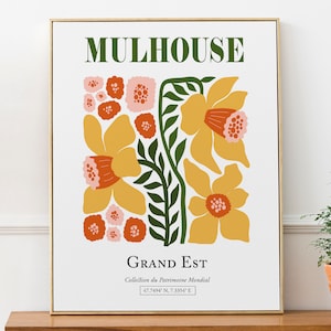Mulhouse Grand Est France Red and yellow Flowers with Green Stalks, Boho Abstract Aesthetic Wall Art Print Poster, Living Room Décor