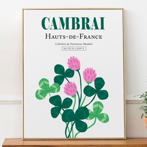 Cambrai Hauts-de-France France Pink Shamrock Clover with Green Leaves, Minimalistic Abstract Aesthetic Wall Art Print Poster