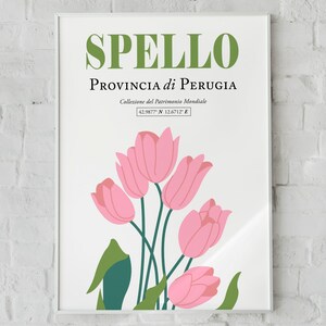 Może przedstawiać: Biały plakat z tekstem "SPELLO" w zielonych literach i "PROVINCIA di PERUGIA" w czarnych literach. Plakat zawiera r&oacute;wnież tekst "Collezione del Patrimonio Mondiale" i wsp&oacute;łrzędne "42.9877&deg; N 12.6712&deg; E". Plakat jest ozdobiony grupą r&oacute;żowych tulipan&oacute;w z zielonymi łodygami i liśćmi.
