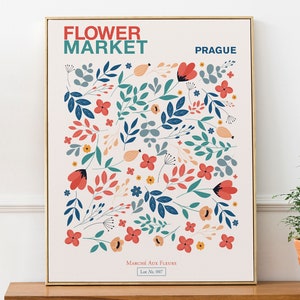Prague, Czech Republic Flower Market Blue, Green and Red Aesthetic Wall Decor Print Poster