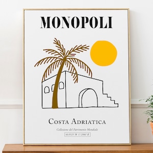 Monopoli, Puglia, Mare Adriatico, Italia Casa minimalista astratta all'alba con palma Linea Arte Decorazione Murale Stampa Poster