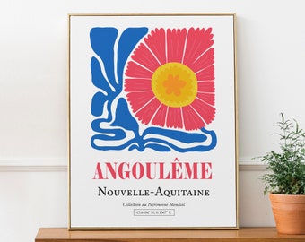 Angoulême Nouvelle-Aquitaine France Vivid Pink and Blue Flowers Pattern, Minimalistic Abstract Aesthetic Wall Art Print Poster