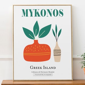 Mykonos, Isla de las Cícladas, Mar Egeo, Grecia Jarrón rojo y beige con hojas verdes Boho Decoración de pared Art Print Poster