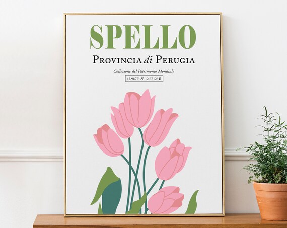 Spello, Umbria, Italy Aesthetic Pink Tulips Wall Art Decor Print Poster