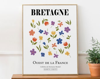 Bretagne France motif de fleurs colorées, affiche d'impression d'art mural esthétique abstraite minimaliste, cadeau d'amant de voyage, décor de salle de bain