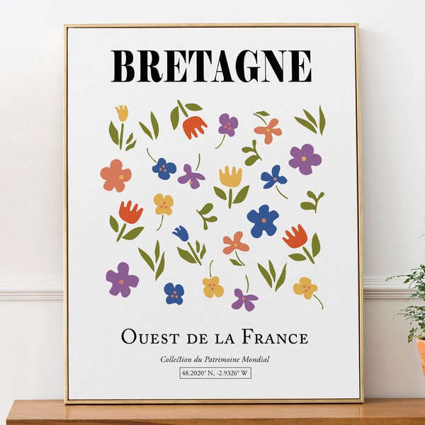 Bretagne France Colorful Flowers Pattern, Minimalistic Abstract Aesthetic Wall Art Print Poster, Travel Lover Gift, Bathroom Décor