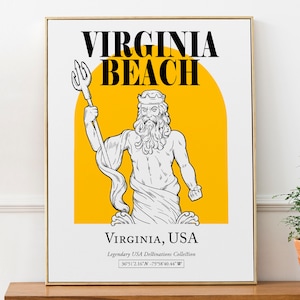 Virginia Beach, USA, Aesthetic Poseidon Line Art Wall Decor Print Poster