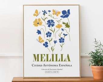 Melilla North African Enclave Spain Gentle Yellow and Blue Flowers, Minimalistic Abstract Aesthetic Wall Art Print Poster