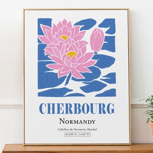 Cherbourg Normandy France Pink Flowers with Blue Leaves, Minimalistic Abstract Aesthetic Wall Art Print Poster, Living Room Décor