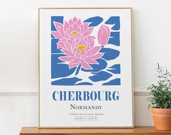 Cherbourg, Normandia, Francia: fiori rosa con foglie blu, stampa artistica astratta minimalista per la parete, decorazione per il soggiorno.
