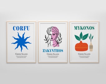 May include: Three framed prints with a minimalist design featuring the names of Greek islands: Corfu, Zakynthos, and Mykonos. Each print includes a simple graphic illustration and the text "Greek Island".