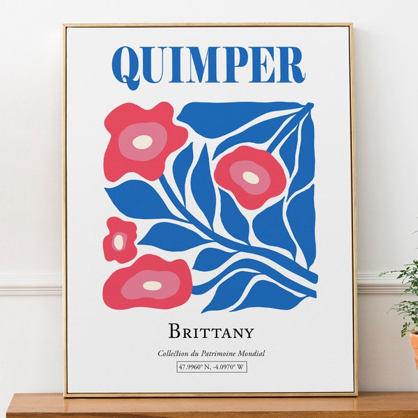 Quimper Brittany France Vivid Red and Pink Flowers with Blue Leaves, Minimalistic Abstract Aesthetic Wall Art Print Poster