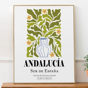 Andalucía sur de España, planta verde y flores amarillas en el jarrón, cartel de impresión de arte de pared estética boho, decoración de baño