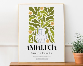 Andalucía Southern Spain, Green Plant and Yellow Flowers in the Vase, Boho Aesthetic Wall Art Print Poster, Bathroom Décor