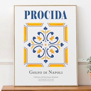 May include: A white poster with a blue and yellow geometric design. The poster has the text "Procida" in blue letters at the top and "Golfo di Napoli" in blue letters at the bottom. The text "Collezione del Patrimonio Mondiale" and "40.7578° N 14.0151° E" are also in blue letters.