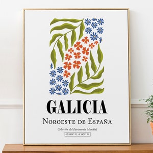 Galizien Nordwesten Spanien, Grüne Pflanze, Blaues und Rotes Blumen-Muster, Minimalistisches abstraktes ästhetisches Wand-Kunst-Druckplakat