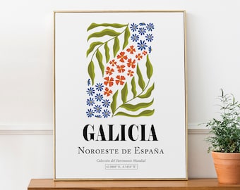 Galicia Northwestern Spain, Green Plant, Blue and Red Flowers Pattern, Minimalistic Abstract Aesthetic Wall Art Print Poster