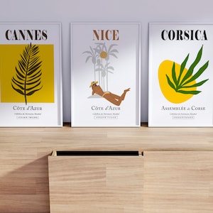 SET of 3 Famous Destinations In France: Nice, Cannes, Corsica Island — Vintage Minimalistic Wall Art Print Posters