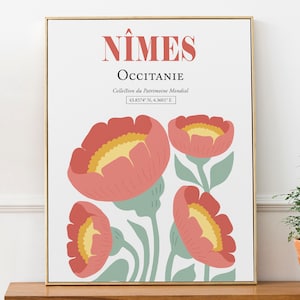 Nîmes Occitanie Francia Pastello Rosa e Fiori Verdi, Poster di Stampa Artistica da Parete Estetica Astratta Minimalista, Regalo per Amanti dei Viaggi
