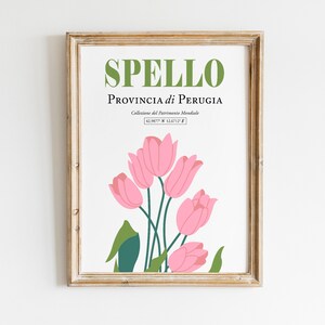Może przedstawiać: Drukowany plakat o minimalistycznym designie przedstawiający bukiet r&oacute;żowych tulipan&oacute;w i tekst "SPELLO PROVINCIA di PERUGIA Collezione del Patrimonio Mondiale 42.9877&deg; N 12.6071&deg; E"