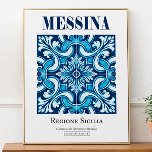 Messina, Sicily (Sicilia), Italy Traditional Sicilian Blue Tile Pattern Wall Art Decor Print Poster