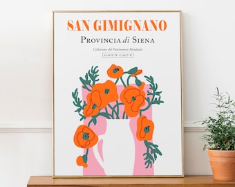 San Gimignano, Siena Region, Tuscany, Italy Aesthetic Colorful Red Poppies Bouquet Wall Art Decor Print Poster