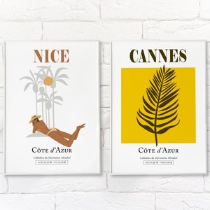 Set of 2 Nice, Provence, Cote d&#39;Azur Woman Under Palm Trees And Cannes, France Palm Tree Leaves Aesthetic Wall Decor Print Posters