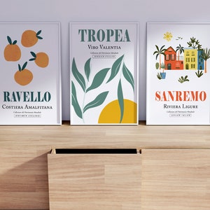 3 carteles impresos SET — Hermosos destinos de la Riviera italiana (Sanremo, Tropea y Ravello) — Decoración minimalista de pared Boho