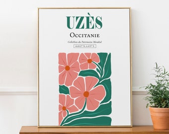 Uzès Occitanie France Flores rosadas con tallos verdes, cartel de impresión de arte de pared estética abstracta minimalista, regalo de amigo, decoración de dormitorio