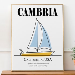 Cambria, Californië, USA, Pastel Zeiljacht Boot Lijn Kunst Esthetische Wall Art Decor Print Poster