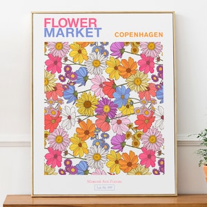 Copenhagen, Denmark Flower Market Blue, Orange and Red Aesthetic Wall Decor Print Poster